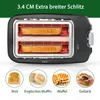 A toaster with bread inside, and examples of food items that can be toasted. Produktbild-Vorschau