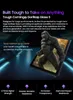 A tablet with a gorilla image on its screen, set against a dark, futuristic background with glowing blue lines. Below the tablet are four feature icons with text. Produktbild-Vorschau