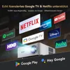 A projector is shown with various app logos surrounding it, indicating compatibility and features. Produktbild-Vorschau
