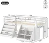 A diagram showing the dimensions of a white bunk bed with stairs and storage. Voir les images du produit