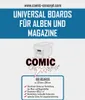 A graphic advertising comic book storage boards, featuring a drawing of a storage box and text detailing product features. Produktbild-Vorschau
