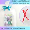 A bag of white filling material with a product label and a red plastic clip shown in a circular inset. Produktbild-Vorschau