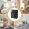 A collage of four different room settings (bathroom, living room, entryway, bedroom) with a central image of a black cabinet. Voir les images du produit
