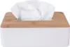 A white tissue box with a wooden lid and white tissues emerging from the top. Produktbild-Vorschau