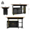Multiple views and dimensions of a black kitchen cart with a wooden top. Produktbild-Vorschau