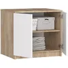 A cabinet with two doors, one open, showing shelves with folded towels and boxes. Anteprima dell’immagine prodotto