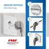 An instructional diagram showing how to install a child safety plug cover into an electrical outlet, alongside a photograph of the product being installed. Anteprima dell’immagine prodotto