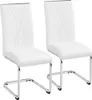 Two white dining chairs with chrome legs are shown against a white background.