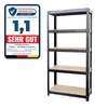 A black metal shelving unit with wooden shelves, shown next to a product review badge. Produktbild-Vorschau