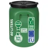 A green 60-liter barrel with a black lid, featuring various labels and icons. Produktbild-Vorschau