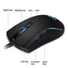 A black gaming mouse with blue LED lighting, with labels pointing to its different buttons and features. Produktbild-Vorschau
