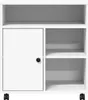 A white printer stand with a cabinet and shelves, shown from the front. Voir les images du produit