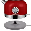 A red electric kettle with a thermometer and its base are shown against a white background. Voir les images du produit