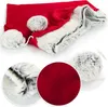 A collage of a red Christmas sack with white faux fur trim and pom-poms, with close-up views of the material and pom-poms. Produktbild-Vorschau