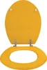 A yellow toilet seat and lid are shown open against a white background. Produktbild-Vorschau
