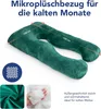 A U-shaped pillow with dimensions indicated, along with close-ups of fabric texture and filling. Náhled obrázku produktu