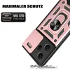 A rose gold and black phone case with a ring holder and camera cover, shown at an angle against a white background. Produktbild-Vorschau