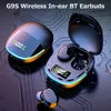A pair of wireless earbuds and their charging case are displayed on a dark, circuit-board-like background with glowing accents. Produktbild-Vorschau