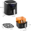 A collage showing an air fryer and its accessories, with dimensions and capacity indicated. Náhled obrázku produktu