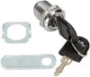 A lock cylinder with two keys and two metal mounting plates on a white background. Produktbild-Vorschau