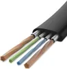 A close-up, angled view of a flat black cable with four exposed wires: two copper, one green, and one blue. The wires are twisted strands and are shown emerging from the black cable sheath. Anteprima dell’immagine prodotto