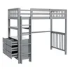 A grey loft bed with drawers, shelves, and a ladder against a white background. Náhled obrázku produktu