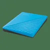 A blue external hard drive is shown on a green background. Produktbild-Vorschau