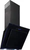 A black pyramid-style range hood with blue accent lighting. Produktbild-Vorschau