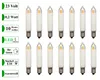 A product shot of multiple LED filament candle bulbs arranged in two rows against a white background, with informational text labels on the left side. Produktbild-Vorschau