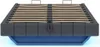 A bed frame with a slatted base and upholstered sides, shown from the front. Podgląd zdjęcia produktu