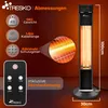 A marketing image showcasing a TRESKO infrared stand heater with its dimensions and features highlighted. Podgląd zdjęcia produktu