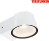 A white outdoor wall lamp with a black rim around the glass cover, illuminated from within. Produktbild-Vorschau