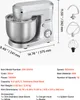 A silver stand mixer with its accessories and dimensions displayed. Produktbild-Vorschau
