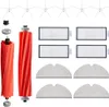 A collection of replacement parts for a robot vacuum cleaner, including brushes, filters, and mop pads, laid out on a white background. Voir les images du produit