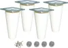 Four white furniture legs with metal mounting plates are shown on a white background, along with screws and felt pads. Produktbild-Vorschau
