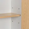 A close-up view of a shelf in a white cabinet with a wooden shelf and a wooden side panel. Produktbild-Vorschau