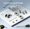 A bathroom faucet and its components are laid out on a marble surface, with text overlays indicating easy assembly. Produktbild-Vorschau