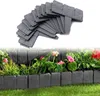 A pile of grey plastic garden edging pieces is shown above a garden bed with flowers and greenery, bordered by the same edging. Produktbild-Vorschau