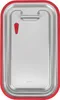 A close-up, top-down view of a stainless steel food container lid with a red silicone rim. Produktbild-Vorschau