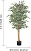 A full shot of an artificial Ficus tree in a black pot, with height and width measurements indicated. Voir les images du produit