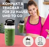 A woman in workout attire holds a yoga mat and a smoothie blender cup, with text promoting portability and convenience. Voir les images du produit