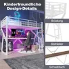 A loft bed with a desk and gaming setup, featuring close-up details of the bed's features. Voir les images du produit