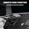 A black phone case with a ring stand is shown in a close-up shot, with a blurred background of a laptop and headphones. Produktbild-Vorschau
