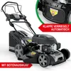A black and gray lawnmower is shown with marketing text overlays. Produktbild-Vorschau