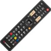 A black remote control with various buttons and labels, presented on a white background. Produktbild-Vorschau