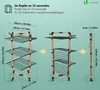 A diagram showing a clothes drying rack in its expanded and folded states, with dimensions indicated. Produktbild-Vorschau
