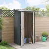 A metal garden shed is shown open with gardening tools inside, placed on a paved patio next to a wooden fence. Produktbild-Vorschau