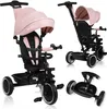A collage of images showing a pink and black multifunctional tricycle for children from different angles. Produktbild-Vorschau