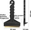 A black ice scraper with a brass blade, shown from the front and side, with dimensions indicated. Náhled obrázku produktu