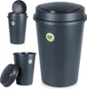 Collage of three images showing a dark grey trash can with a lid, from different angles and perspectives. Voir les images du produit